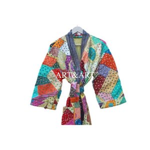 Veste Kantha vintage décontractée été-hiver pour femme, robe kimono à col en V, séchage rapide, faite à la main, rembourrage en coton, motif floral, haute qualité - Product Image 4