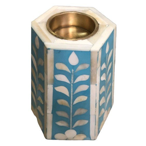 Portavelas con incrustaciones de hueso azul cielo y diseño de hoja con incrustaciones de hueso, artesanía personalizada, vela de pilar - Product Image 1