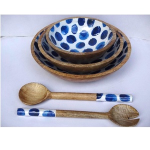 Bols à salade ou bols de service en bois émaillé à motifs de points, très demandés, pour pâtes, nouilles, aliments, salades, en bois de mangue - Product Image 2