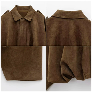 Veste chemise de travail en PU pour homme, manches chauve-souris, col rabattu, couleur unie, coupe courte et ample, vêtement d'extérieur d'automne avec poches - Product Image 2