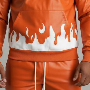 ชุดวอร์มหนังเทียมพิมพ์ลายเปลวไฟแบบยูนิเซ็กซ์ เสื้อฮู้ดซิป ¼ ตัว และกางเกงจ็อกเกอร์เข้าชุด สไตล์สตรีทแวร์ ผ้าฝ้าย 100% - Product Image 6