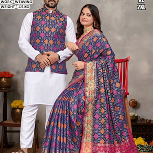 Royal Ikat Couple Set-Cotton Silk Traditional Kurta/<b>Kurti</b> for Wedding - Product Image 1