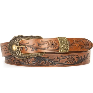 Genuine <b>Leather</b> Western Belt Floral Engraved Hand <b>Tooled</b> Copper Buckle Vintage Casual Style Durable Cowhide <b>Tooled</b> <b>Leather</b> Belt - Product Image 6