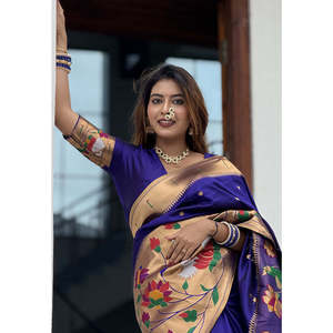 ผ้าไหมซัคชีไวโอเล็ตปายทานี พร้อมดีไซน์ขอบผ้าขนาดใหญ่แบบฮาล์ฟฮาล์ฟ  ตกแต่งด้วยงานปักดิ้นทอง  ชุดอินเดียและปากีสถาน น้ำหนัก 700 กรัม - Product Image 6