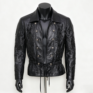 Veste moto en cuir PU noir pour homme, col rabattu, fermeture éclair, motif géométrique en relief, coupe ajustée, longueur normale - Product Image 2