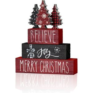4 décorations de table en bois Joyeux Noël, ornements de sapins de Noël pour étagère et cheminée, décorations de Noël pour la maison - Product Image 1