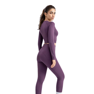 Ensemble de yoga deux pièces pour femme, haut court à manches longues et leggings taille haute, extensible, pour la gym, le fitness et l'entraînement - Product Image 2