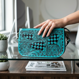 2026 Turquoise Genuine Leather Lightweight Shoulder Bag Floral Tooling Diamond Lattice Pattern Single Strap Zip Closure Bohemian - Product Image 5