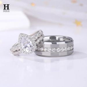 Luxury <b>Couple</b> Wedding <b>Ring</b> Set Pear Cut Lab Grown Diamond Halo <b>Ring</b> Mens Wide Eternity Band His and Hers - Product Image 1