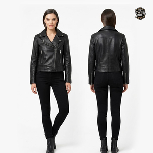 Chaqueta de Motociclista de Piel de Oveja para Mujer, Corte Ajustado, Cuello Café Racer, Hombros Acolchados, Cierre de Cremallera, Invierno, Fabricante OEM - Product Image 2