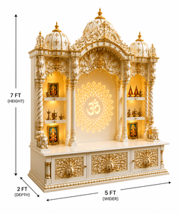 Traditional White and Gold Wood <b>Mandir</b> with Om Back Design Peacock Design Wooden <b>Mandir</b> for Living Room Decor Pooja Temple Unit - Product Image 4