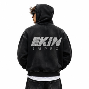เสื้อฮู้ดซิปผู้ชายสีดำทรงโอเวอร์ไซส์จาก Ekin Impex สไตล์สตรีทแวร์ มีกระเป๋าหน้าและโลโก้พิมพ์ซิลค์สกรีน - Product Image 2