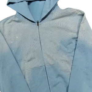 Sudadera con capucha unisex azul claro con cremallera y pedrería de cristal, OEM, de lujo, brillante, estilo urbano, con efecto descolorido por el sol, 100% algodón - Product Image 2