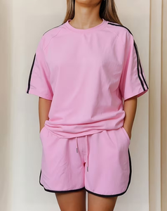 Women 2-Piece Pink Knitted Shorts Set Crew Neck Short Sleeve Sporty Loose Fit Breathable Summer Outfit - Product Image 3