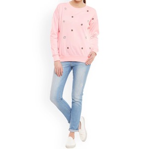 Sudadera Personalizada para Mujer, Color Rosa, Adornada con Perlas, Pedrería y Flores, Cuello Redondo, Sudadera de Algodón para Mujer, Moda OEM al por Mayor - Product Image 4