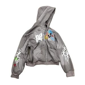 Sudadera con Capucha para Hombre, Estilo Gótico Urbano, Punk, Hip Hop, con Cremallera y Bordados, 500GSM, con Cremallera Completa, Lavado Ácido, Aspecto Desgastado, Venta al Por Mayor - Product Image 4