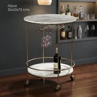 Chariot de bar moderne en fer et marbre, chariot de service rond à roulettes, cadre en métal doré, étagère de rangement à deux niveaux, porte-verres