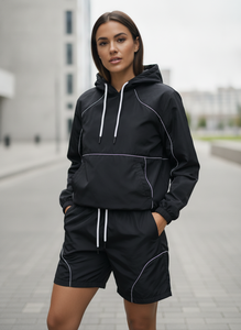 Ensemble de survêtement ADH noir à capuche avec fermeture éclair, manches longues, short léger en polyester, streetwear, vêtements d'été - Product Image 6