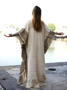Robe Kaftan en Coton Imprimée à la Main, Longue Maxi Bohème, Tenue de Plage Estivale, Vêtement de Détente, Robe de Vacances Ethnique à Col en V et Coupe Ample - Product Image 5