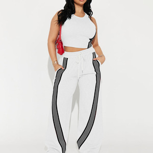 Custom Logo Women's <b>White</b> Solid 2Piece Sporty <b>Set</b> Sleeveless Crop Top Wide Leg Pants With Black Stripes Breathable Worsted <b>Set</b> - Product Image 1