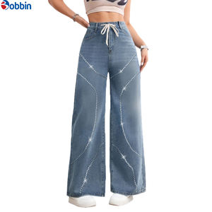 Vaqueros de mezclilla con pedrería para mujer, jeans brillantes con diamantes, estilo vintage, de alta calidad, cintura alta, holgados, de pierna ancha y recta. - Product Image 1