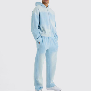 Ensemble de survêtement décontracté pour homme, bleu clair dégradé, avec capuche, fermeture éclair intégrale, coupe ample, sweat-shirt et pantalon en coton avec poches latérales - Product Image 3