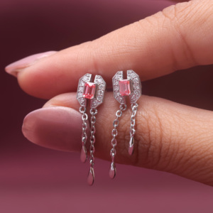 Boucles d'oreilles pendantes en or blanc/rose et or jaune 9 carats avec diamant rose taille émeraude cultivé en laboratoire certifié IGI |   Boucles d'oreilles pendantes à chaîne - Product Image 5