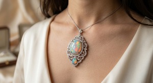 Collar de Novia Elegante con Colgante de Ópalo Etíope Natural de Lujo, Estilo Europeo, Plata de Ley 925 con Baño de Rodio - Product Image 2