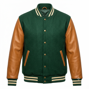 Veste Varsity Verte pour Hommes avec Manches en Cuir Marron, Fermeture à Boutons, Veste Casual, Col Revers, Veste en Polaire - Product Image 1