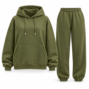 Ensemble de survêtement unisexe vert olive, sweat-shirt à capuche et pantalon de jogging, couleur unie, coupe décontractée, longueur intégrale, en coton - Product Image 1