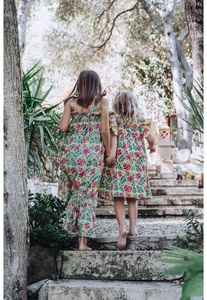 Amazing Floral Printed Yellow Long Sleeveless Cotton Dress With Beautiful Shoulder Strap To Tie Up For Pretty Mum &Cute Daughter - Product Image 3