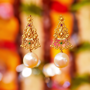 Ganesha Drop Earrings with Golden Freshwater Pearls for Wedding and Party - Product Image 3