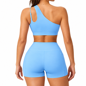 Sky Blue 2 Piece Yoga <b>Set</b> One Shoulder <b>Sports</b> Bra & High Waist Biker Shorts Stretch Fitness Activewear <b>Set</b> - Product Image 3