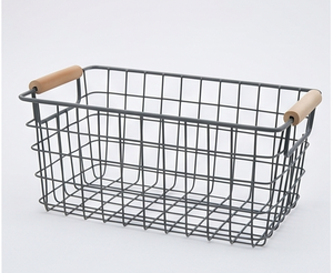 Premium <b>Rectangular</b> Metal Wire <b>Storage</b> <b>Basket</b> With Wooden Handles Minimalist Style Multi Purpose Organizing <b>Basket</b> - Product Image 1