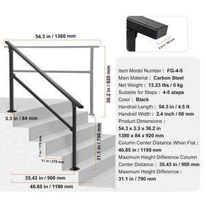 Barre horizontale carrée noire en acier au carbone, kit de rail d'escalier extérieur à 4-5 marches, rails de support, dispositifs d'aide par Sen - Product Image 4