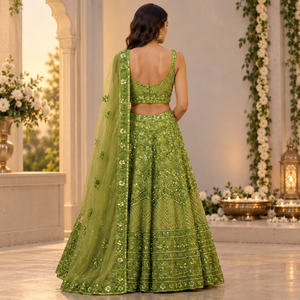 Women Olive Green Embroidered Lehenga Choli Set <b>Sequin</b> Bridal Wedding Dress with Dupatta Traditional Indian Party Ceremony - Product Image 4
