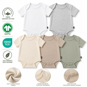 Body de Manga Corta para Bebé Unisex, Algodón Orgánico Ecológico, Cuello Tipo Sobre, Cierre de Botones a Presión - Product Image 1