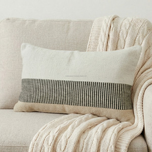 Black Striped Woven Pillow Sham 30x50 Decorative Fringed Pillow <b>Cover</b> Premium Cotton Durable Zipper Lumbar Woven Pillow Case - Product Image 5