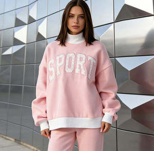 Pink Women's Crew Neck <b>Applique</b> With Sport Letter Print Regular Fit Cotton Knitted Casual Autumn Wear Mock Neck - Product Image 1