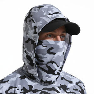 <b>Men's</b> Gray Camouflage Long Sleeve Hooded Shirt with <b>Face</b> <b>Mask</b> Anti-UV Fishing Pullover Top - Product Image 3