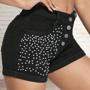 Women High Waist Black Denim Shorts With Rhinestone <b>Decoration</b> Asymmetric Style <b>Summer</b> Wear - Product Image 6