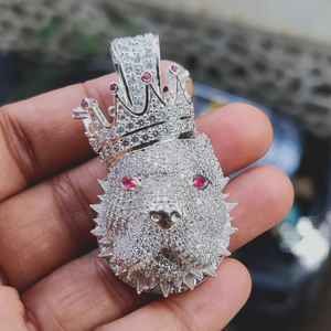 Pendentif Couronne en Moissanite Taille Ronde Effet Givré avec Visage de Lion, Bijou de Fête Hip Hop en Argent 925, Pendentifs et Breloques de Luxe - Product Image 5