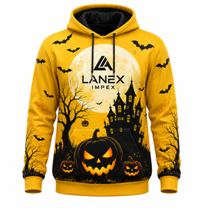 Sweat à capuche unisexe personnalisé jaune Halloween Citrouille Maison Hantée, en polyester, style gothique streetwear, par sublimation - Product Image 3