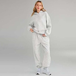 Conjunto Deportivo de 2 Piezas para Mujer, Color Gris, Sudadera con Capucha, Bolsillos Laterales, Cintura Elástica, Corte Holgado Informal, Color Sólido, 100% Algodón - Product Image 2