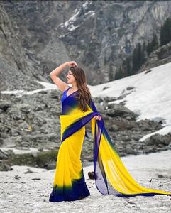 AARA Fashion <b>Yellow</b> Blue Ombre Modern Women Traditional Indian Wedding Wear Polyester Floor Length Regular Fit <b>Saree</b> for Adults - Product Image 4