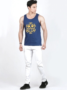 Men's Navy Blue Sleeveless Tank <b>Top</b> With Yellow <b>Skull</b> Logo Print O-Neck Casual Style 100% Cotton Breathable Knitted Fabric - Product Image 2