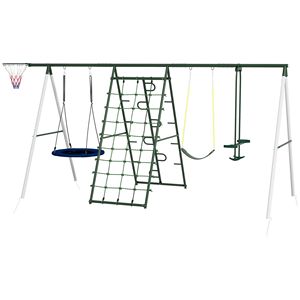 Set Altalena in Metallo da Esterno con Canestro a Disco, Sedile, Dondolo e Rete da Arrampicata per Divertimento in Giardino - Product Image 1