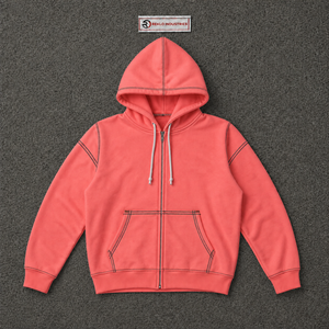 Sudadera con capucha extragrande personalizada en color rosa coral para hombre, estilo streetwear, con cierre de cremallera, hombros caídos, costuras en contraste, ropa informal de moda. - Product Image 5