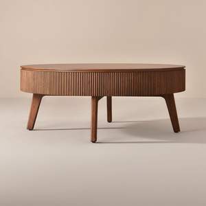 Table basse ronde en teck avec design à panneaux cannelés - Product Image 1