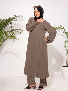 Robe chemise ample décontractée à manches longues en tissu uni avec pantalon 5XL, Abaya islamique modeste, Vêtements musulmans 100% Polyester - Product Image 1